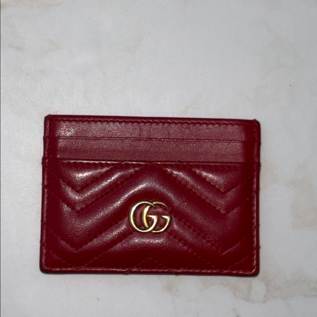 Gucci Red Card Wallet With Gold Emblem